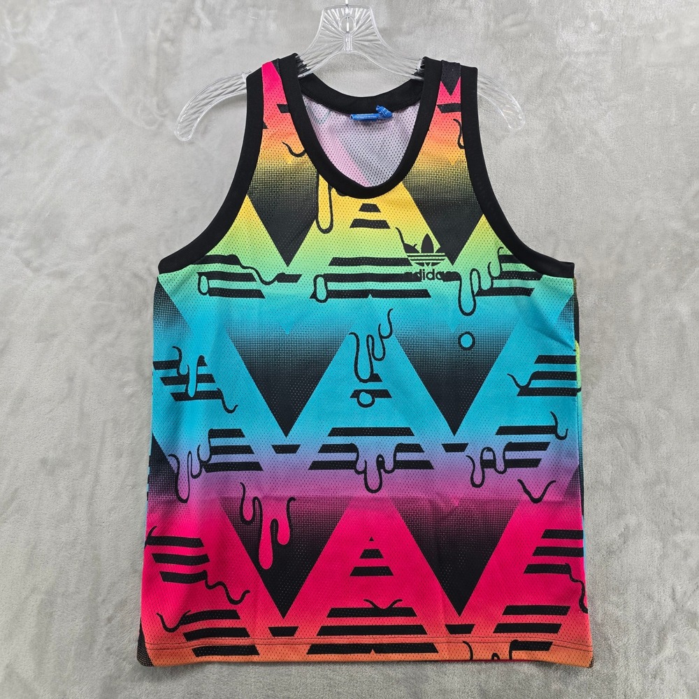 Adidas Tank Top Mens Medium Multi Color Geometric Mesh Trefoil Drip Jersey